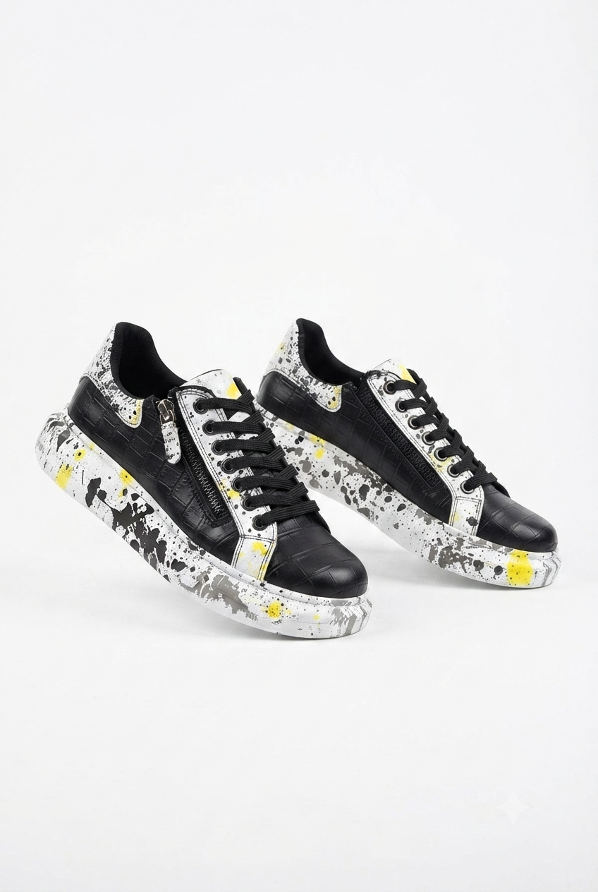 ZRK-X02 Premium Fermuarlı Bağcıklı Crocodile Siyah Sarı Erkek Sneaker