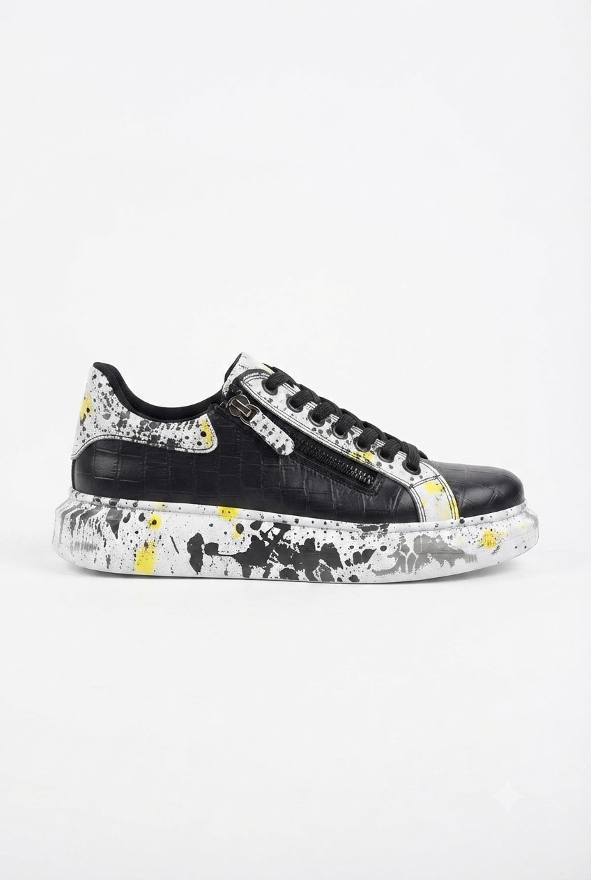 ZRK-X02 Premium Fermuarlı Bağcıklı Crocodile Siyah Sarı Erkek Sneaker