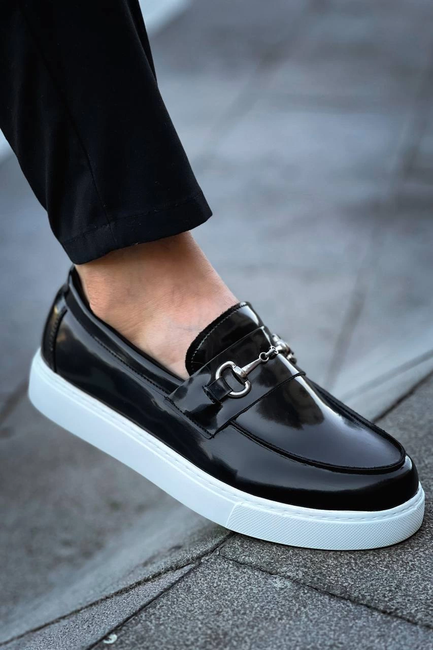 ZRK-027 Bağcıksız Siyah Beyaz Rugan H Günlük Erkek Klasik Ayakkabı