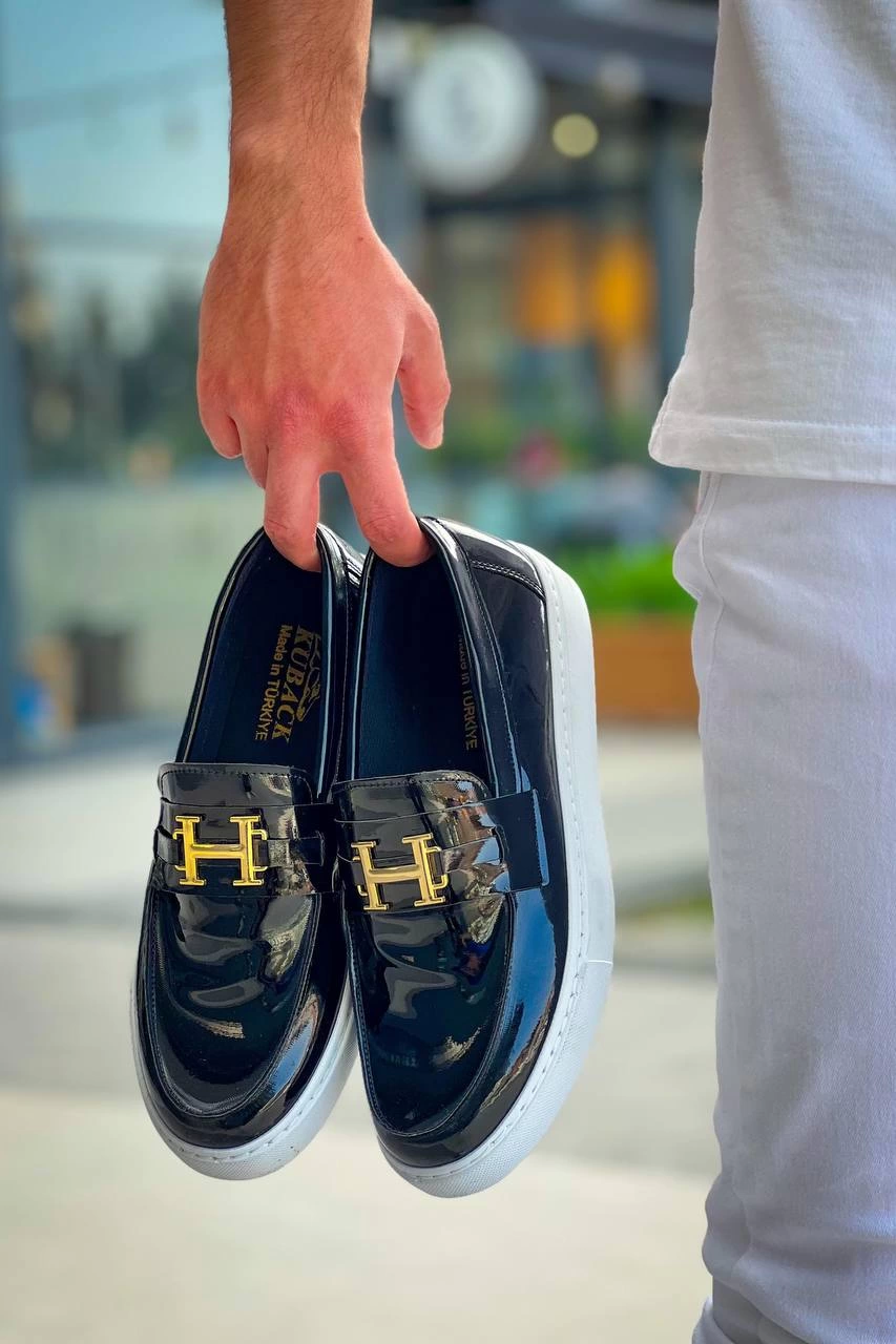 ZRK-027 Bağcıksız Siyah Beyaz Rugan H Günlük Erkek Klasik Ayakkabı