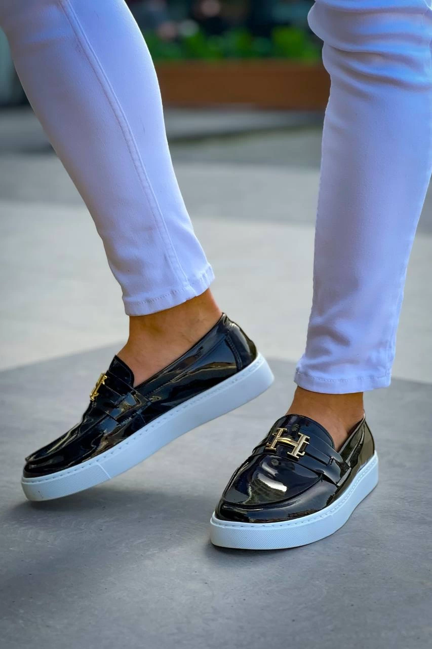 ZRK-027 Bağcıksız Siyah Beyaz Rugan H Günlük Erkek Klasik Ayakkabı