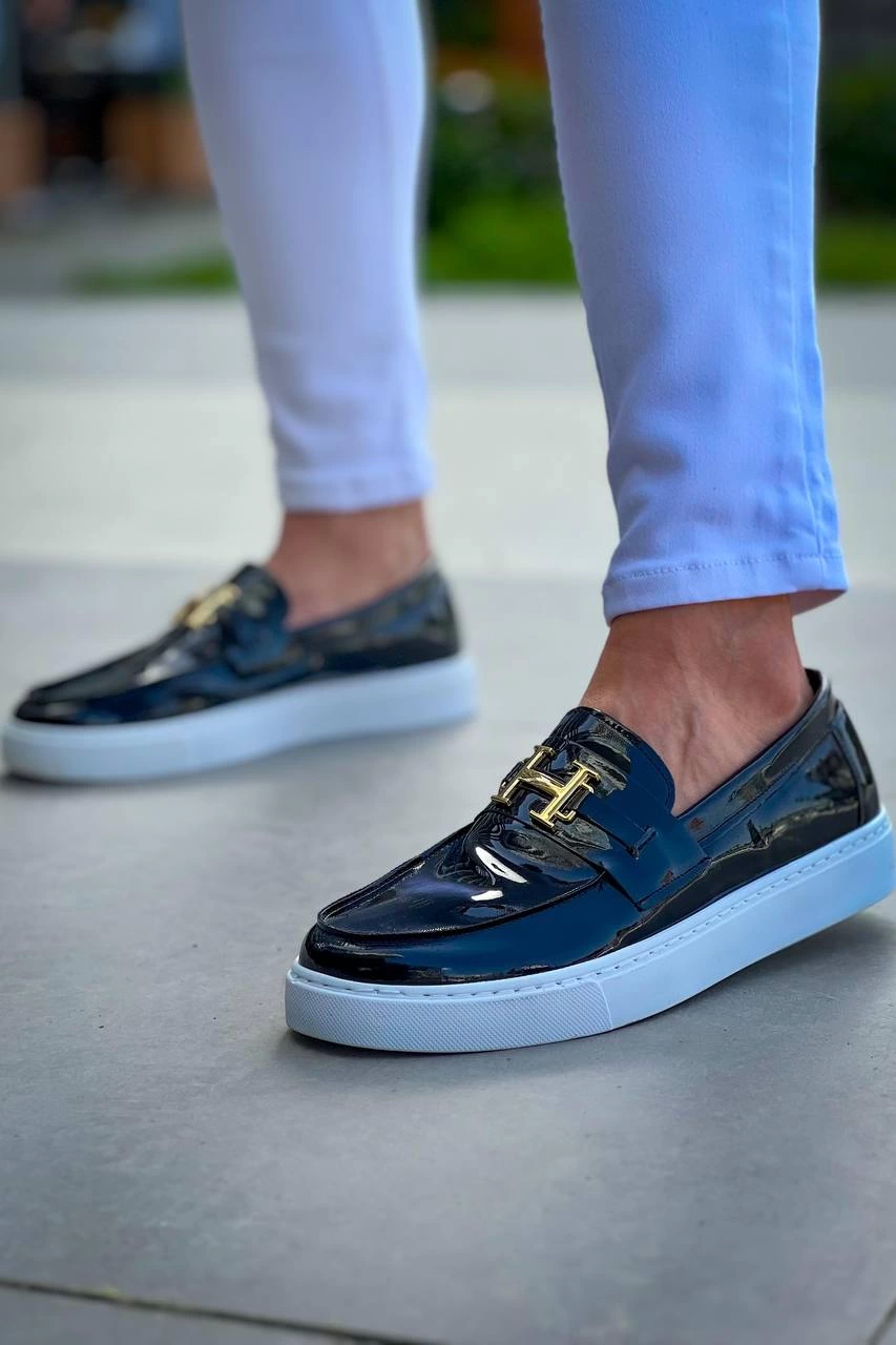 ZRK-027 Bağcıksız Siyah Beyaz Rugan H Günlük Erkek Klasik Ayakkabı