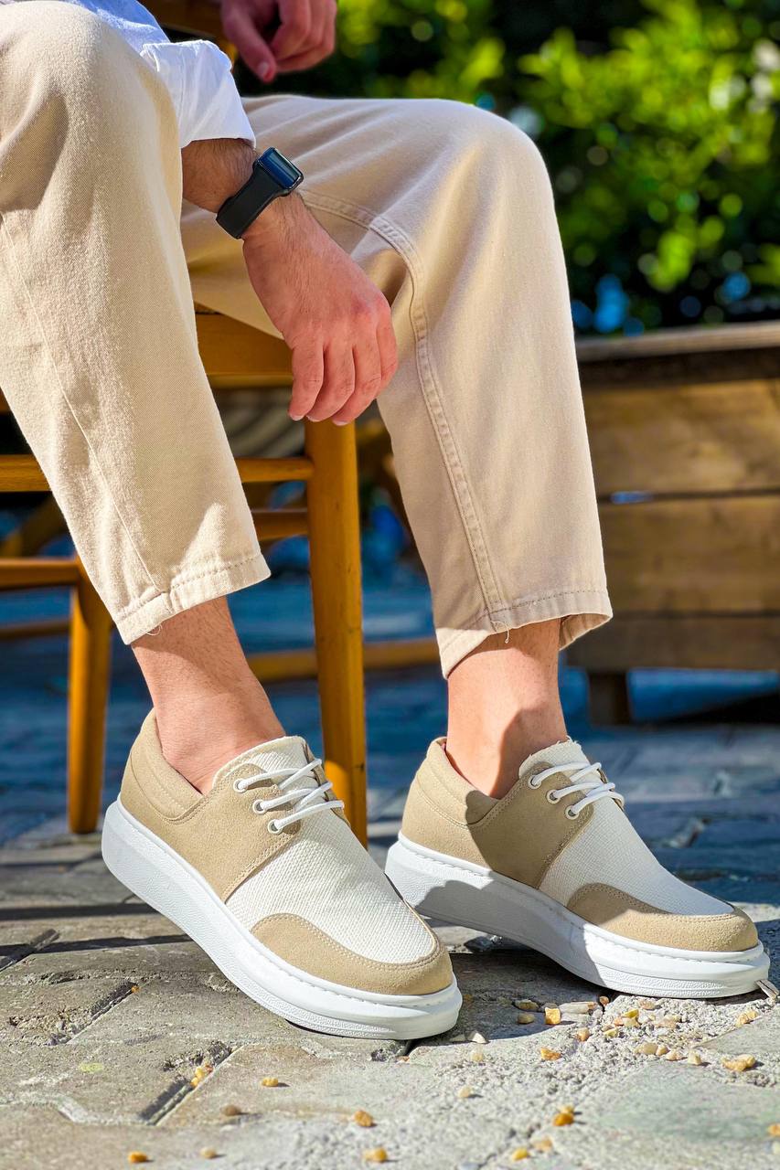 ZRK-X042 Premium Kalın Taban Bağcıklı Bej Günlük Casual Erkek Spor Ayakkabı