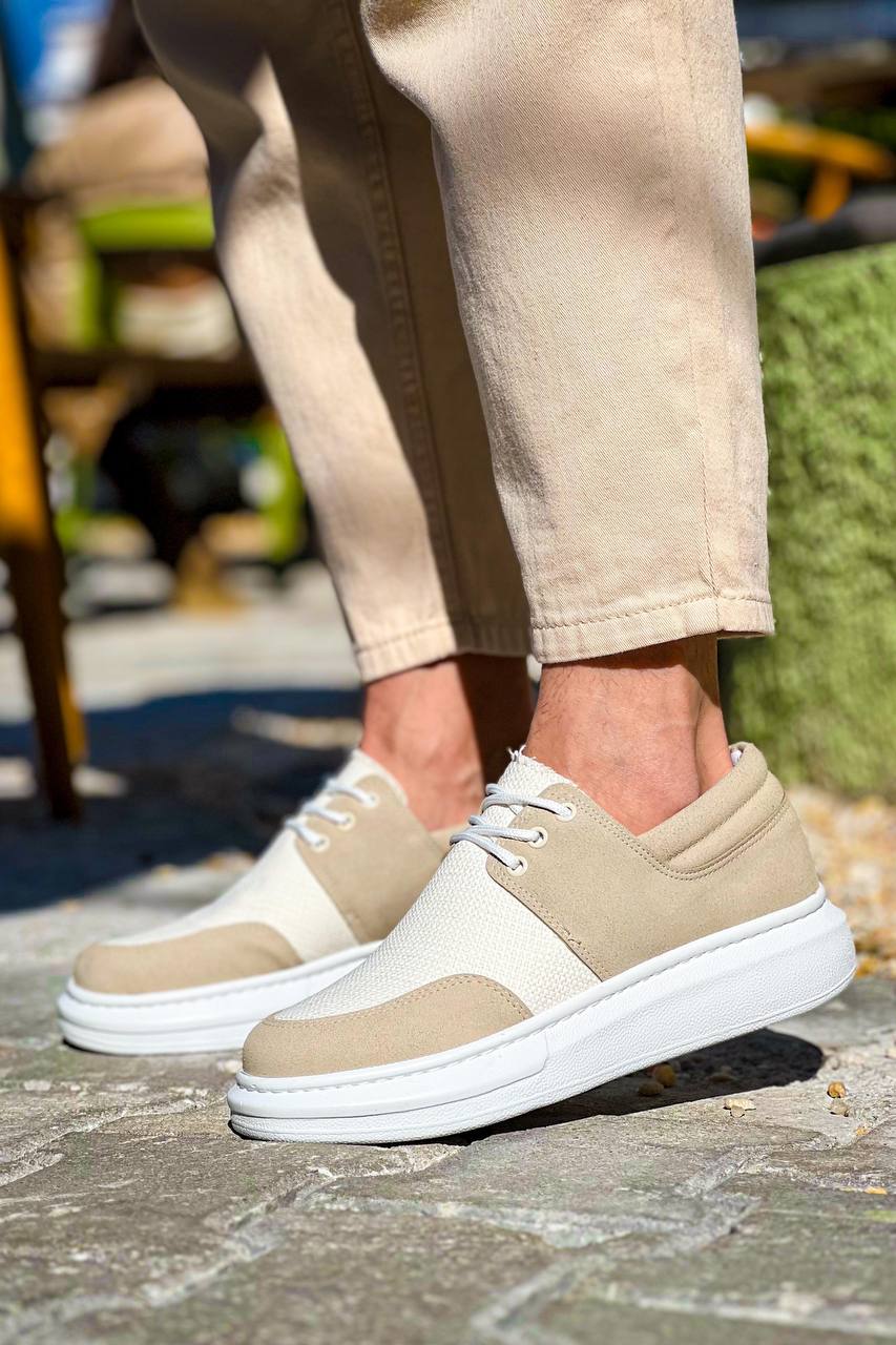 ZRK-X042 Premium Kalın Taban Bağcıklı Bej Günlük Casual Erkek Spor Ayakkabı