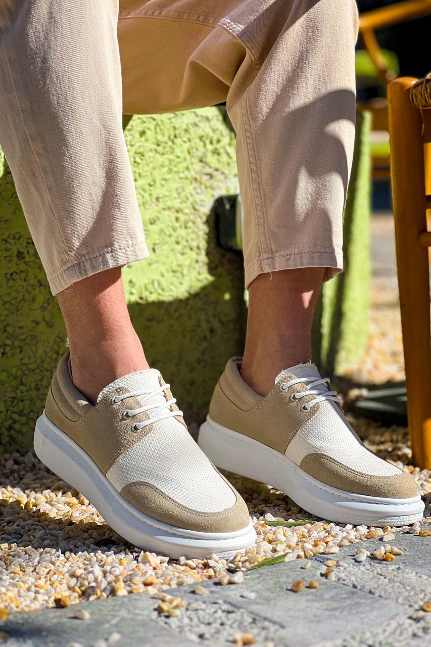ZRK-X042 Premium Kalın Taban Bağcıklı Bej Günlük Casual Erkek Spor Ayakkabı