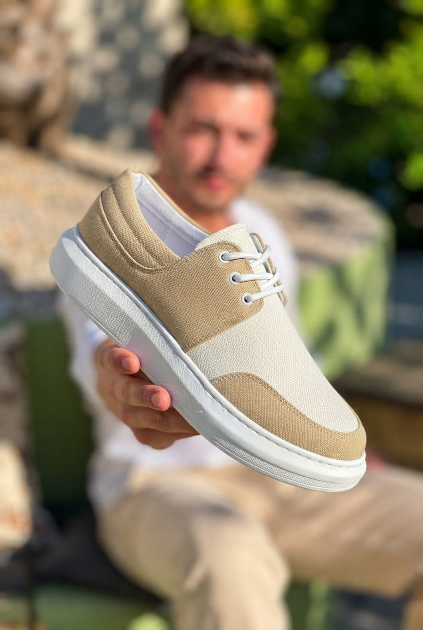 ZRK-X042 Premium Kalın Taban Bağcıklı Bej Günlük Casual Erkek Spor Ayakkabı