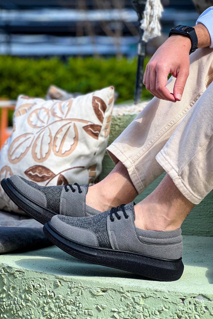ZRK-X042 Premium Kalın Taban Bağcıklı Gri Siyah Günlük Casual Erkek Spor Ayakkabı