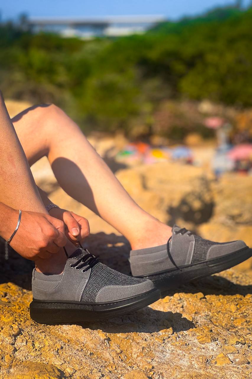 ZRK-X042 Premium Kalın Taban Bağcıklı Gri Siyah Günlük Casual Erkek Spor Ayakkabı