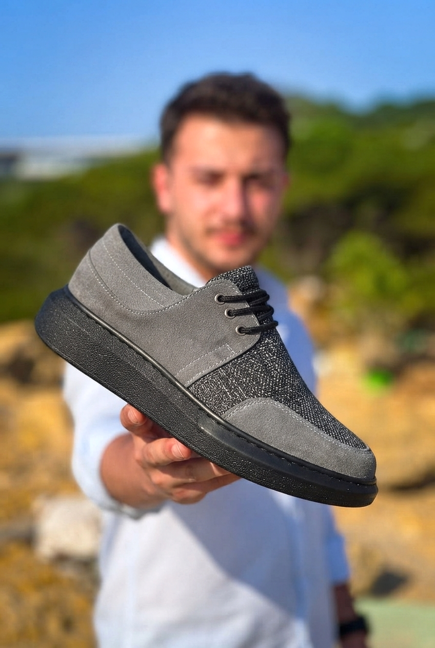 ZRK-X042 Premium Kalın Taban Bağcıklı Gri Siyah Günlük Casual Erkek Spor Ayakkabı