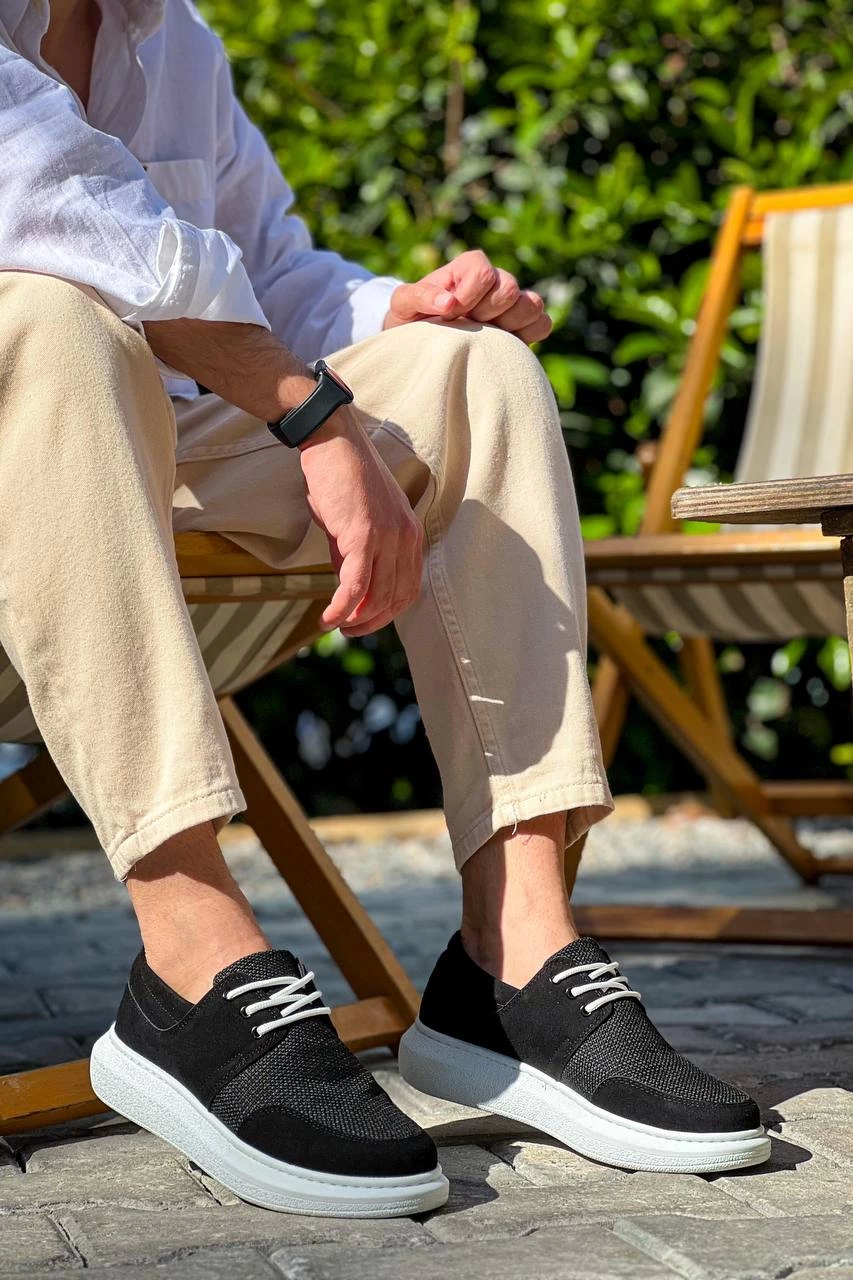 ZRN-042 Premium Bağcıklı Siyah Beyaz Deri Tozu Casual Günlük Erkek Ayakkabı