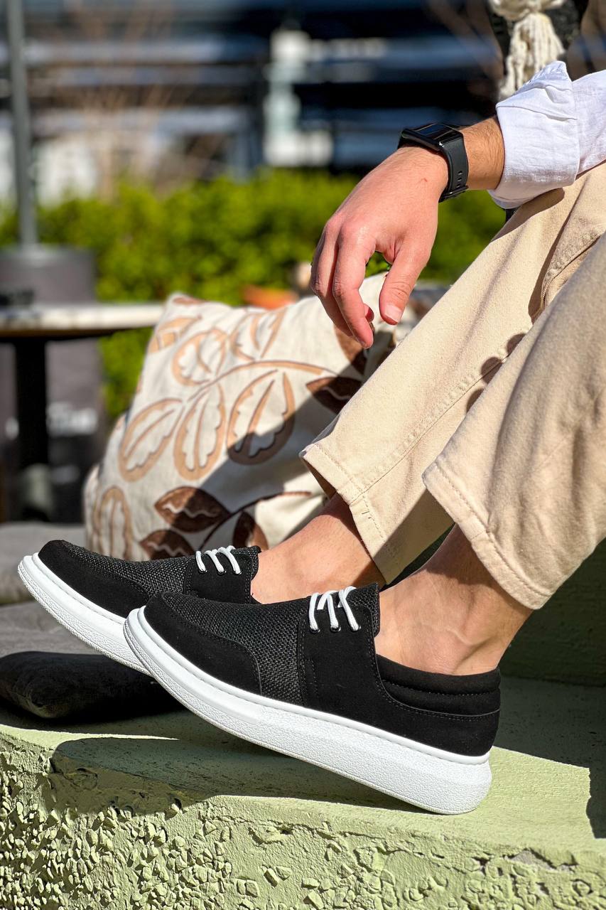 ZRK-X042 Premium Kalın Taban Bağcıklı Siyah Beyaz Deri Tozu Günlük Casual Erkek Spor Ayakkabı