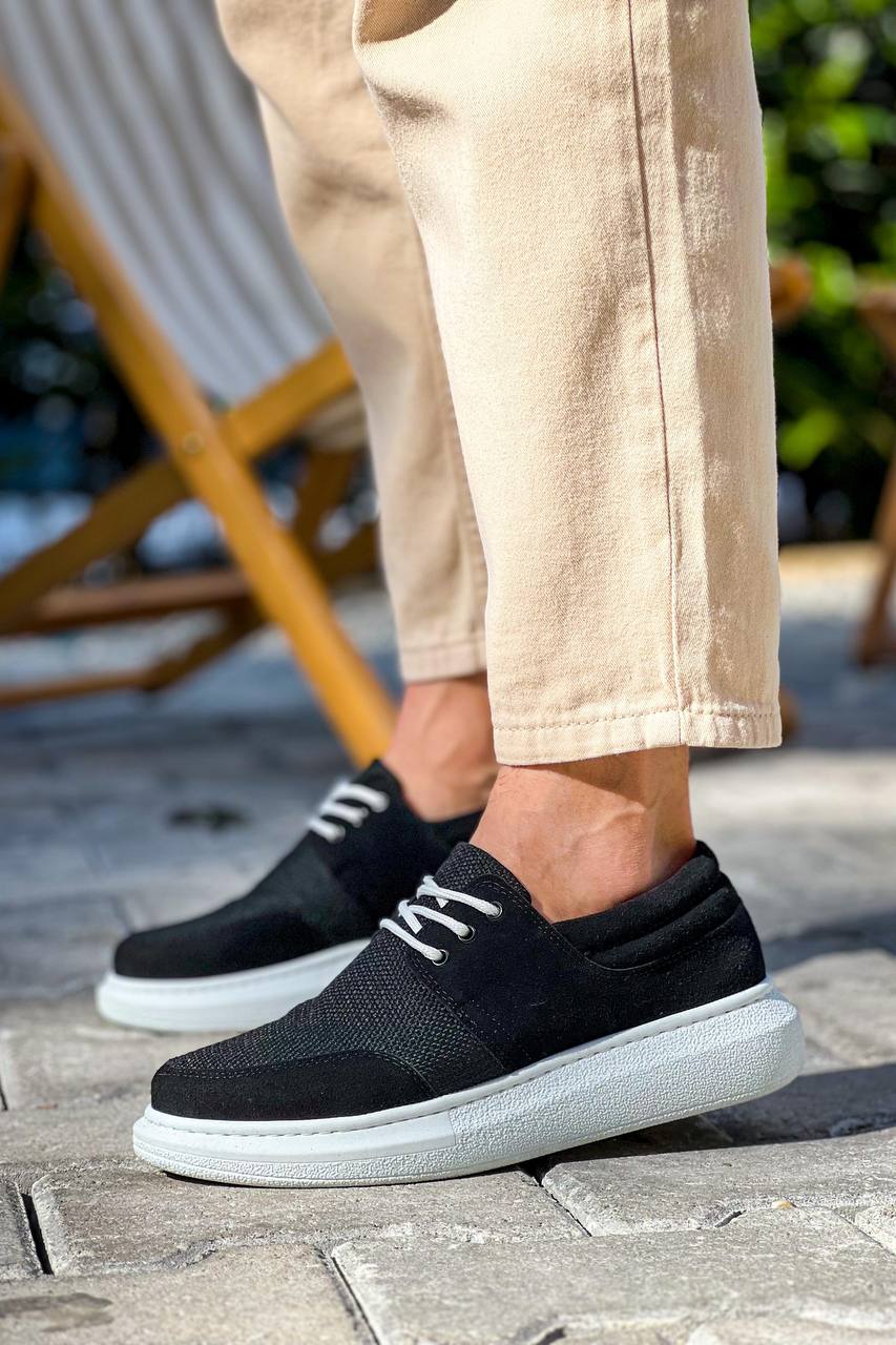 ZRK-X042 Premium Kalın Taban Bağcıklı Siyah Beyaz Deri Tozu Günlük Casual Erkek Spor Ayakkabı
