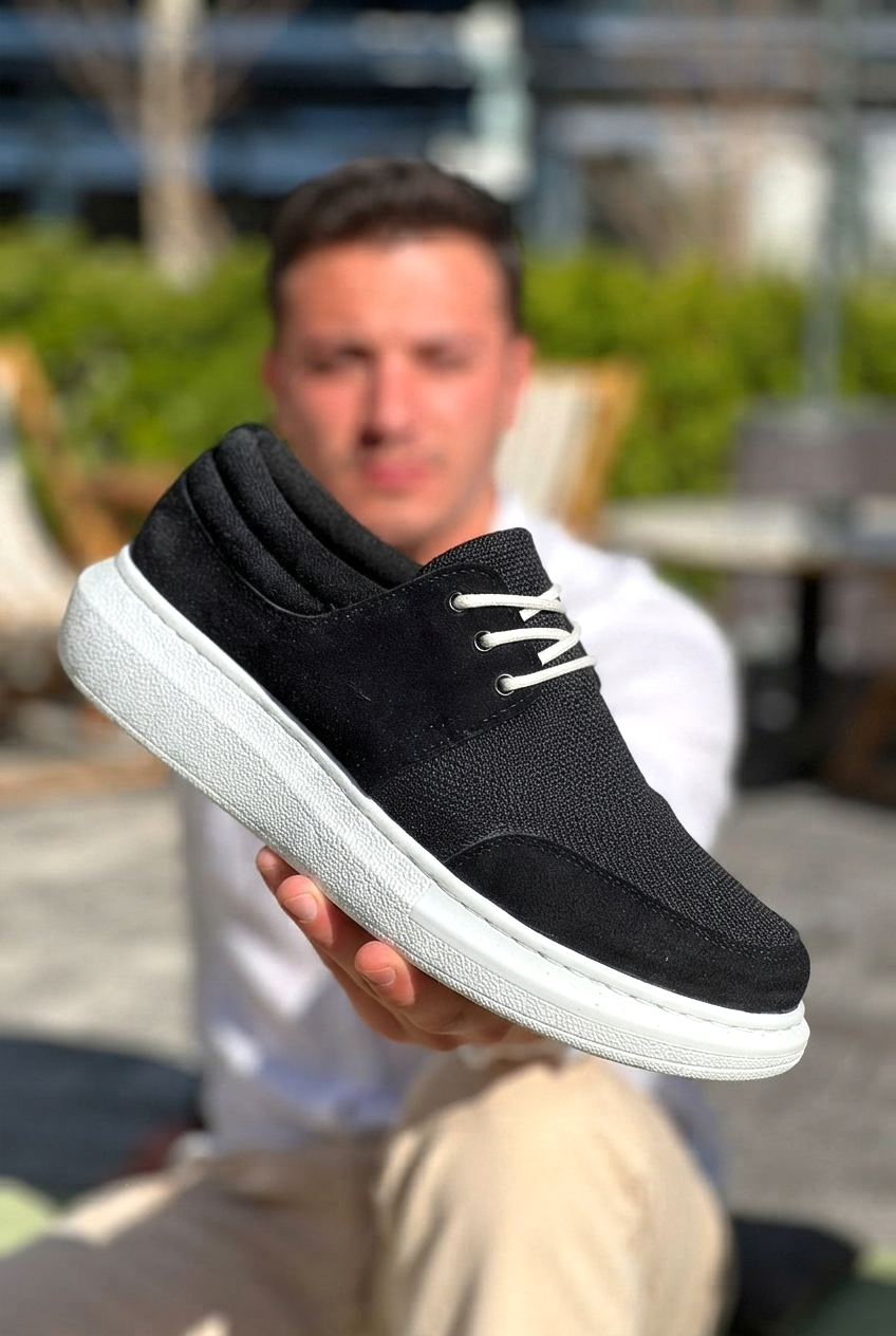 ZRK-X042 Premium Kalın Taban Bağcıklı Siyah Beyaz Deri Tozu Günlük Casual Erkek Spor Ayakkabı