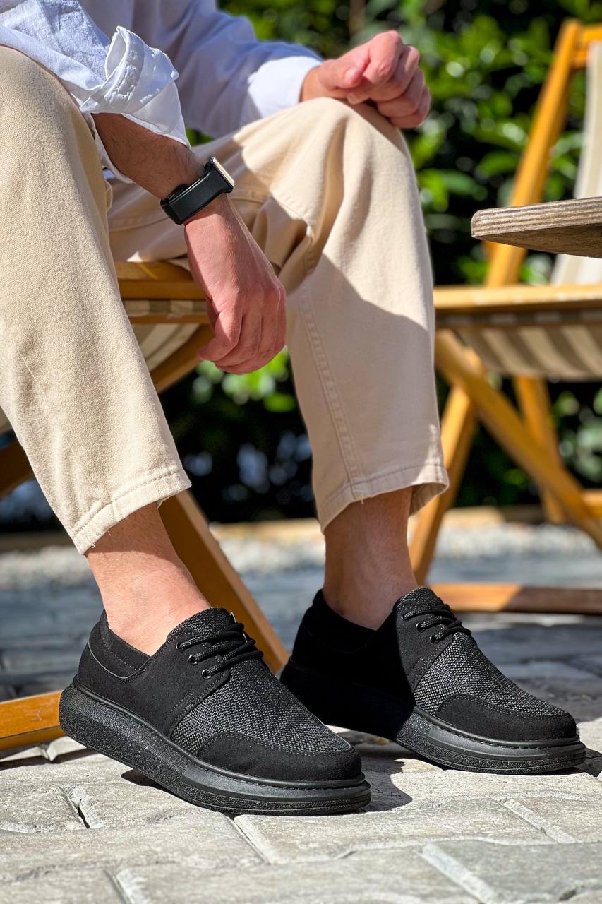 ZRK-X042 Premium Kalın Taban Bağcıklı Siyah Deri Tozu Günlük Casual Erkek Spor Ayakkabı