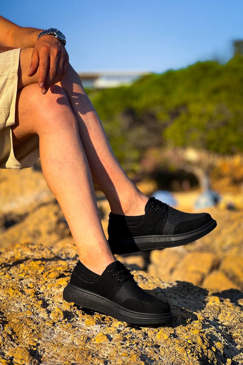 ZRK-X042 Premium Kalın Taban Bağcıklı Siyah Deri Tozu Günlük Casual Erkek Spor Ayakkabı
