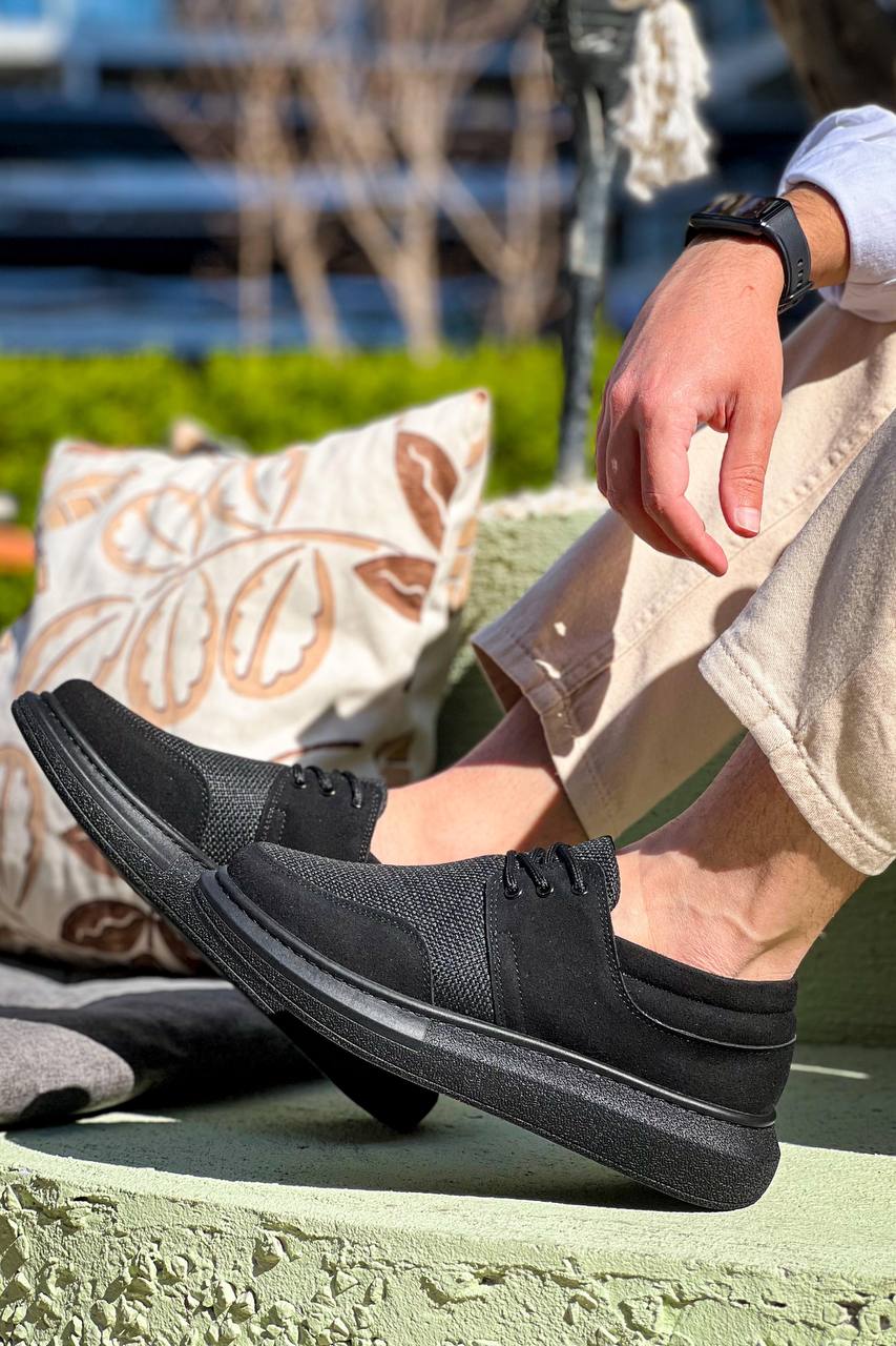 ZRK-X042 Premium Kalın Taban Bağcıklı Siyah Deri Tozu Günlük Casual Erkek Spor Ayakkabı