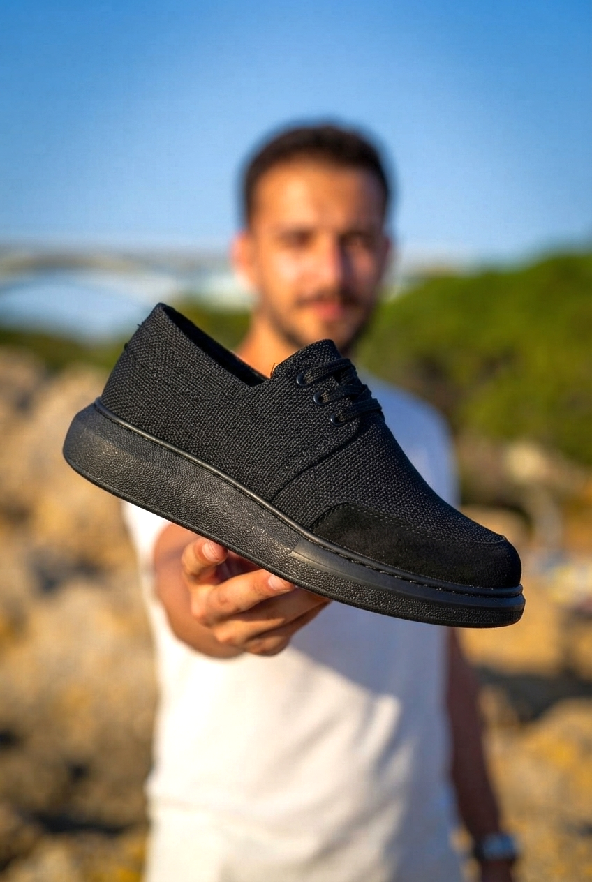 ZRK-X042 Premium Kalın Taban Bağcıklı Siyah Deri Tozu Günlük Casual Erkek Spor Ayakkabı