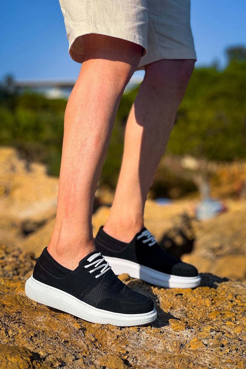 ZRK-X042 Premium Kalın Taban Bağcıklı Siyah Beyaz Günlük Casual Erkek Spor Ayakkabı