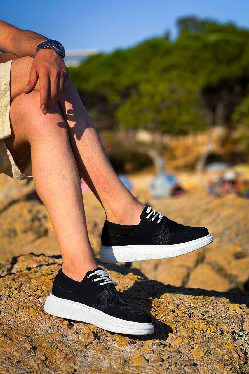 ZRK-X042 Premium Kalın Taban Bağcıklı Siyah Beyaz Günlük Casual Erkek Spor Ayakkabı