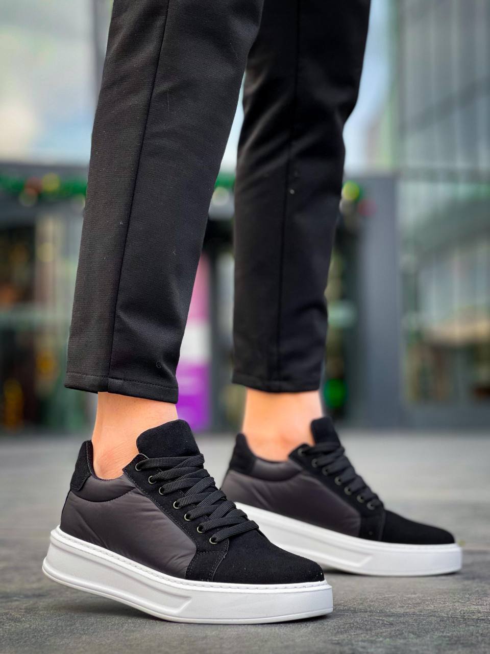 ZRK-X46 Yüksek Kalite Paraşüt Kumaş Siyah Beyaz Yüksek Taban Sneakers