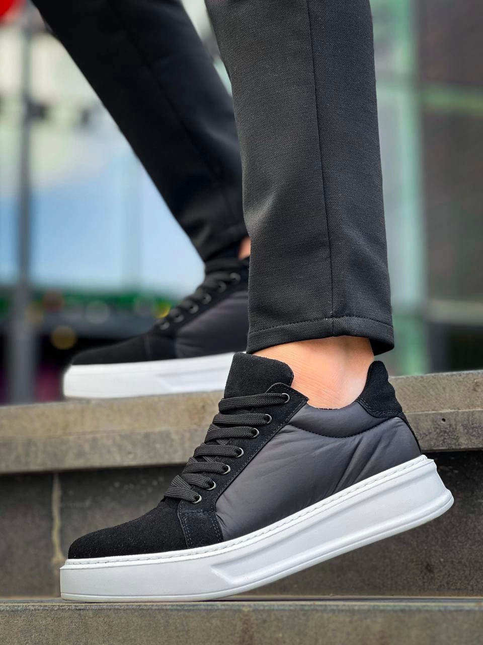 ZR-046 Siyah Beyaz Paraşüt Kumaş Yüksek Taban Günlük Spor Ayakkabı