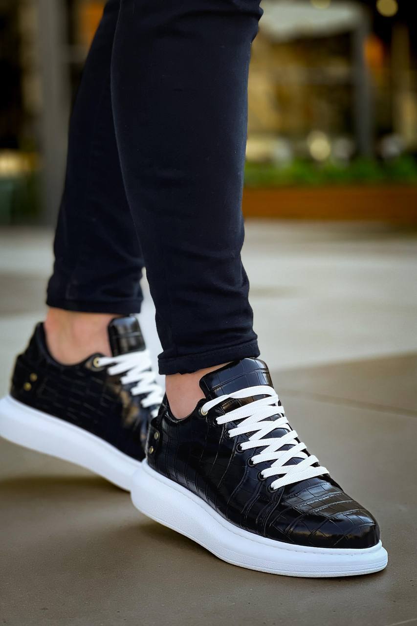 ZRK-X047 Premium Yüksek Kalite Kalın Taban Siyah Beyaz Crocodile Günlük Erkek Sneaker