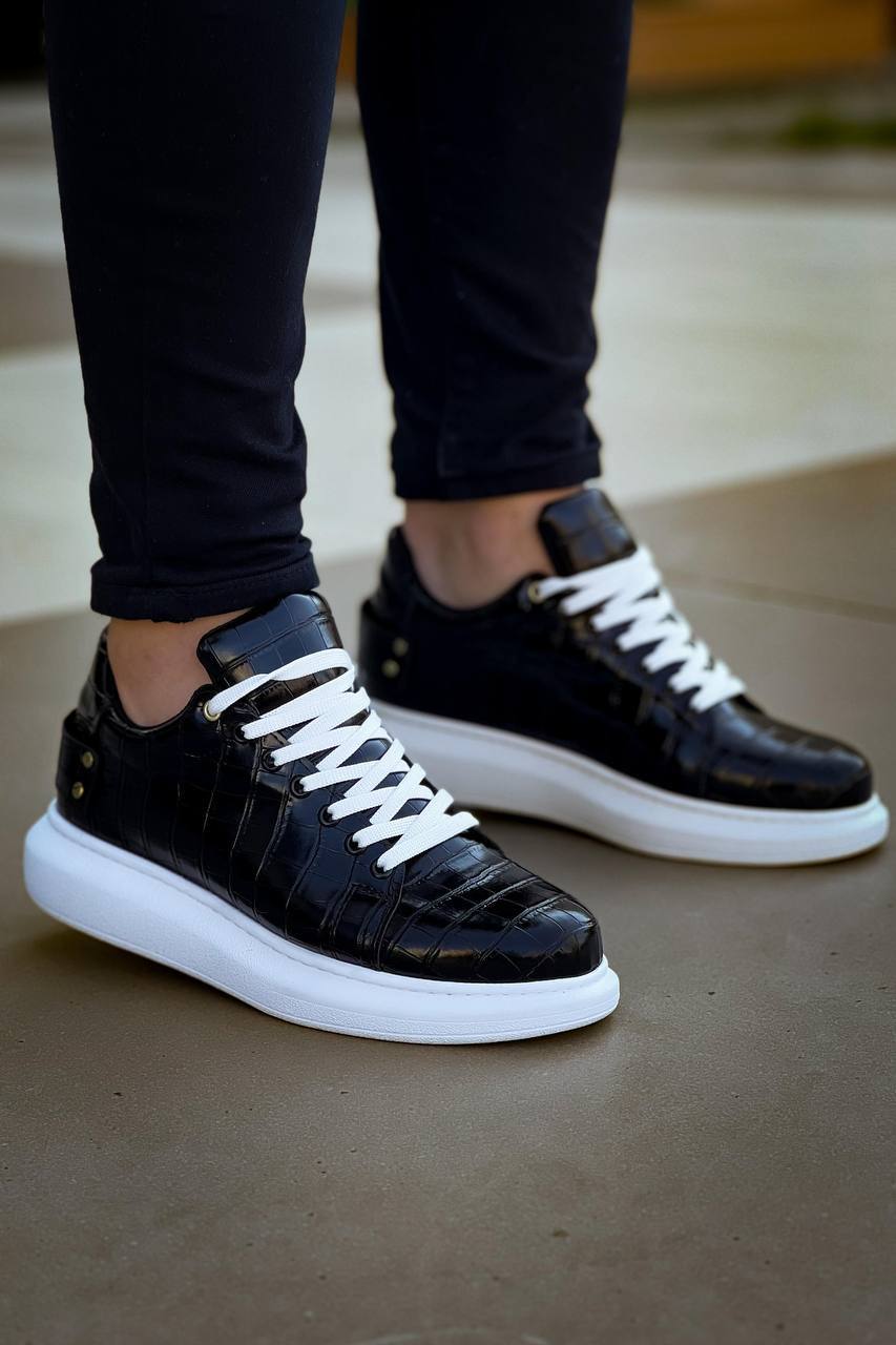ZRK-X047 Premium Yüksek Kalite Kalın Taban Siyah Beyaz Crocodile Günlük Erkek Sneaker