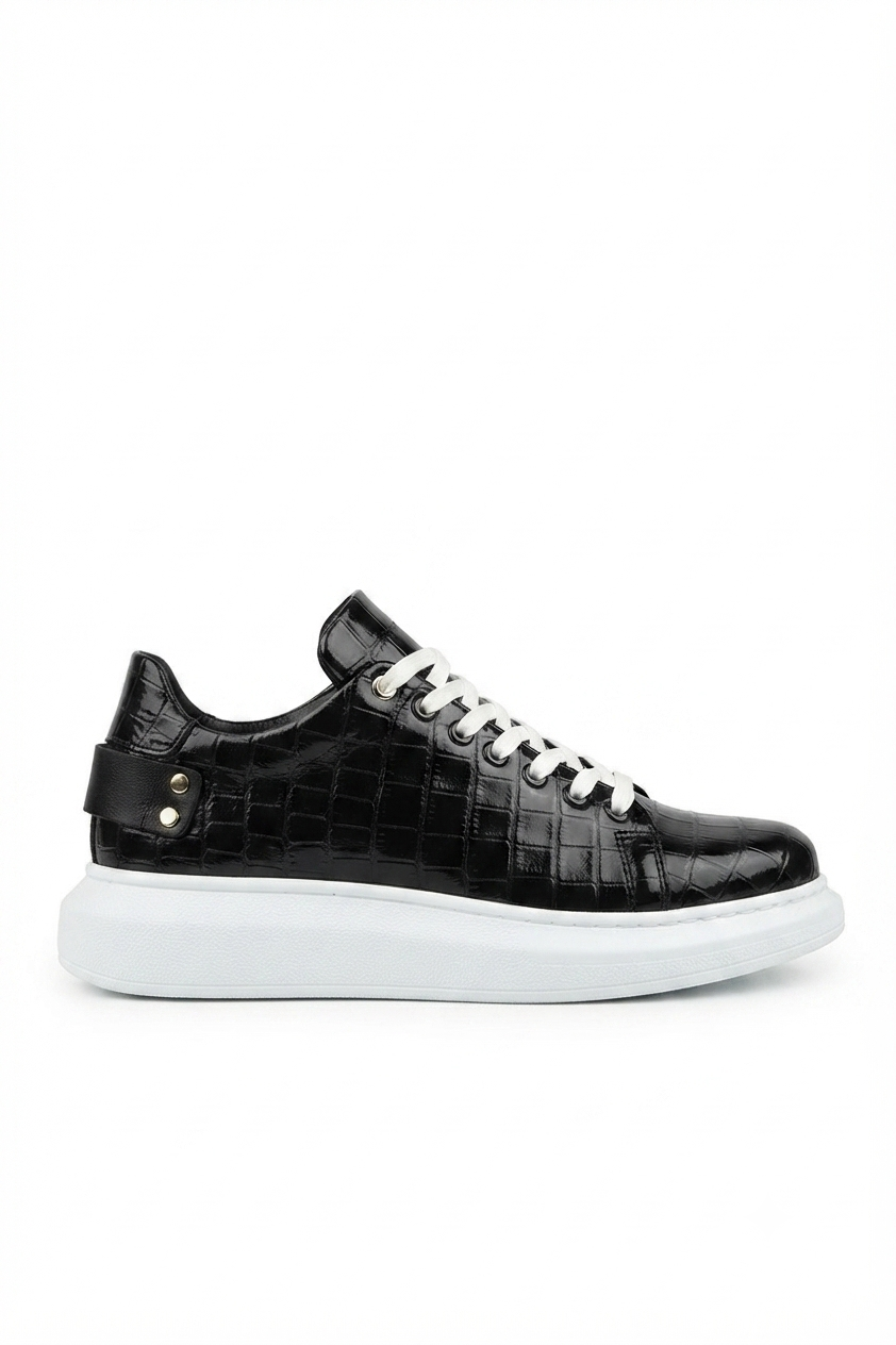 ZRK-X047 Premium Yüksek Kalite Kalın Taban Siyah Beyaz Crocodile Günlük Erkek Sneaker
