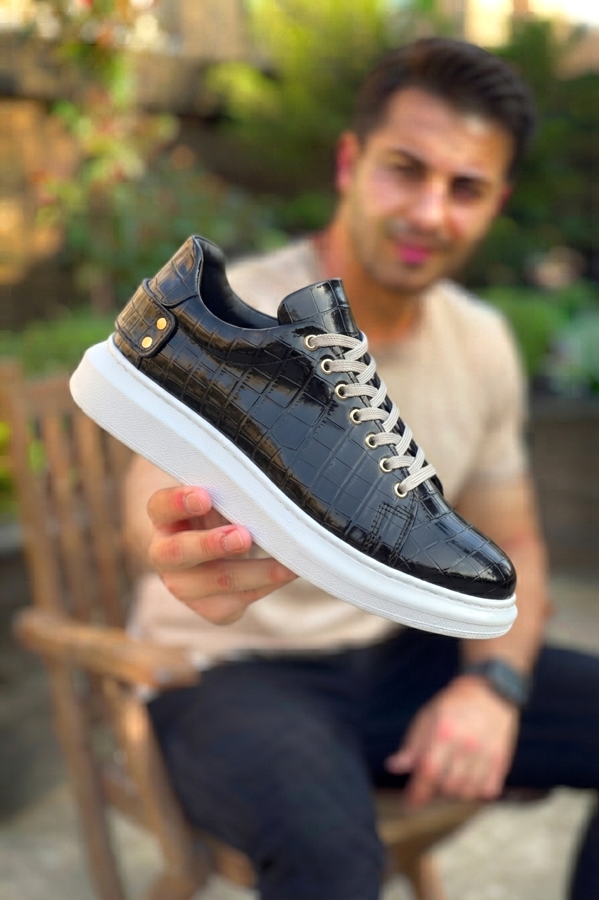 ZRK-X047 Premium Yüksek Kalite Kalın Taban Siyah Beyaz Crocodile Günlük Erkek Sneaker