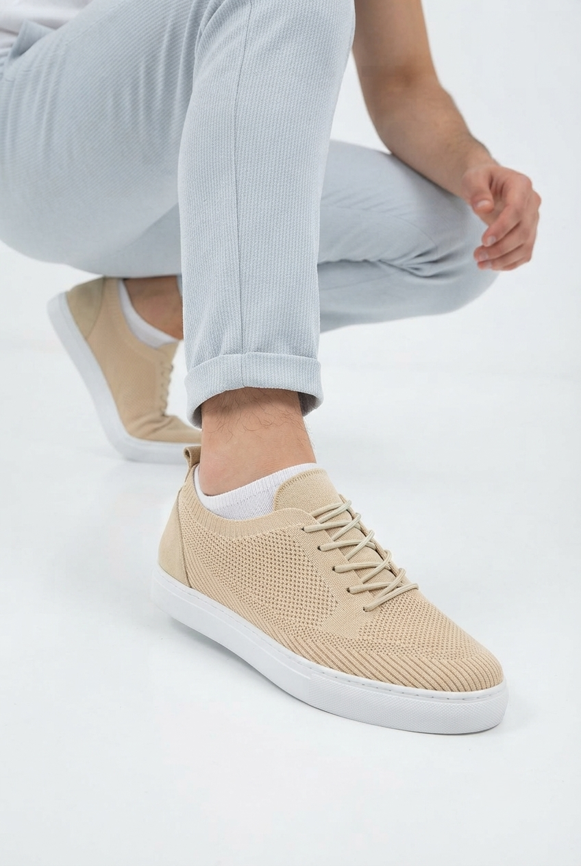 ZRK-X101 Premium Nefes Alan Bej Triko Bağcıklı Günlük Erkek Sneaker