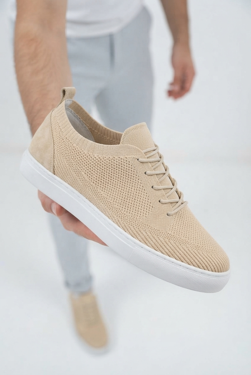 ZRK-X101 Premium Nefes Alan Bej Triko Bağcıklı Günlük Erkek Sneaker
