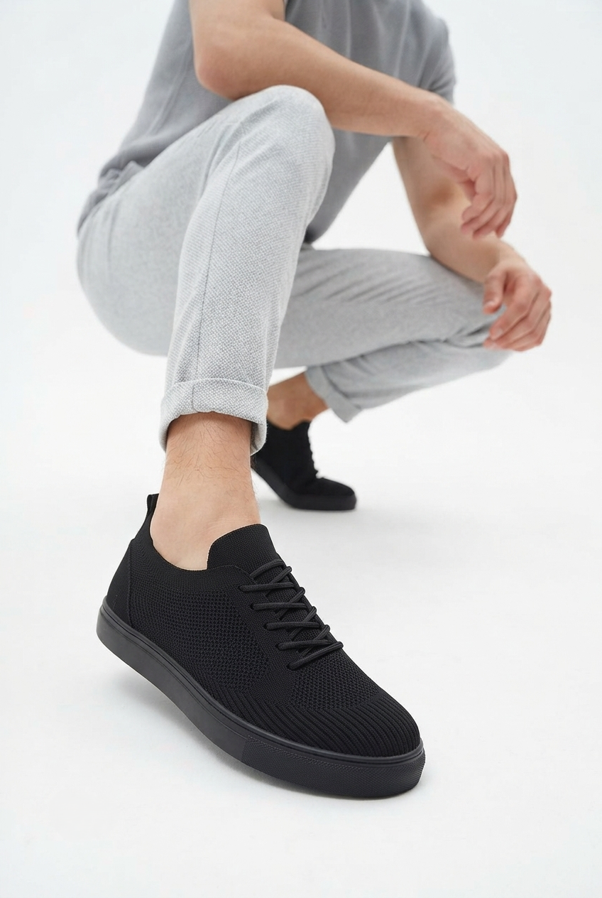 ZRK-X101 Premium Nefes Alan Siyah Triko Bağcıklı Günlük Erkek Sneaker