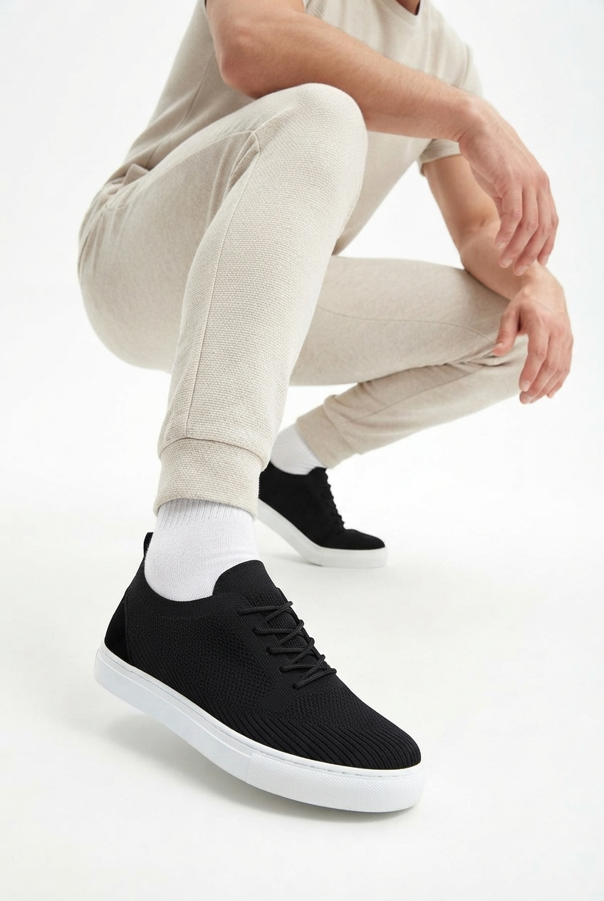 ZRK-X101 Premium Nefes Alan Siyah Beyaz Triko Bağcıklı Günlük Erkek Sneaker