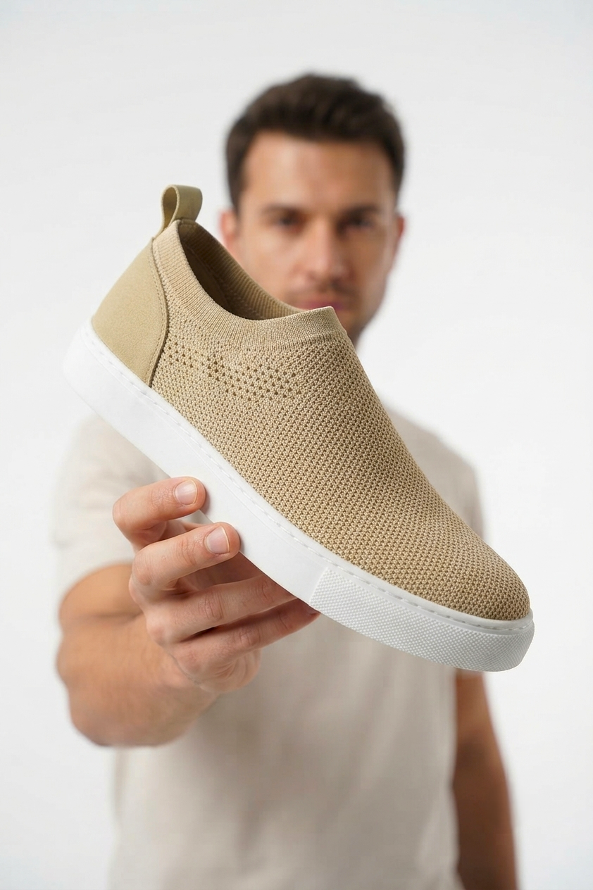 ZRK-X106 Premium Rahat Slip-On Bağcıksız Nefes Alan Triko Erkek Ayakkabı Bej