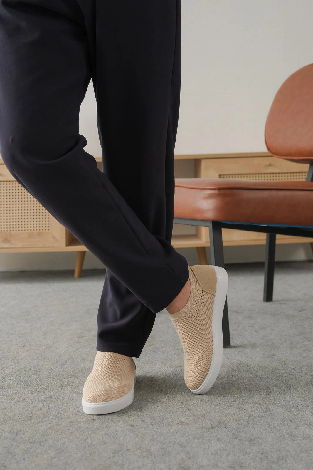 ZRK-106 Premium Rahat Slip-On Bağcıksız Triko Erkek Ayakkabı Bej