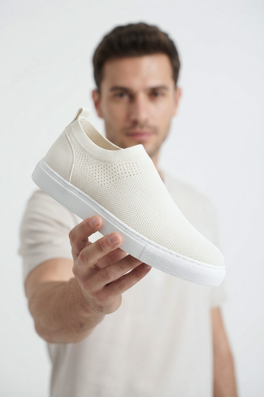 ZRK-X106 Premium Rahat Slip-On Bağcıksız Nefes Alan Triko Erkek Ayakkabı Beyaz
