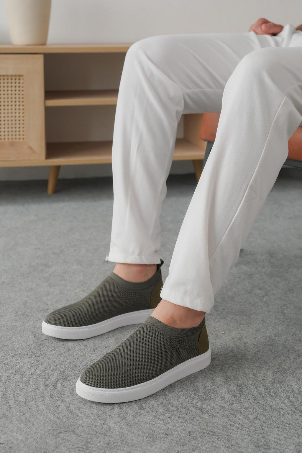 ZRK-X106 Premium Rahat Slip-On Bağcıksız Nefes Alan Triko Erkek Ayakkabı Haki