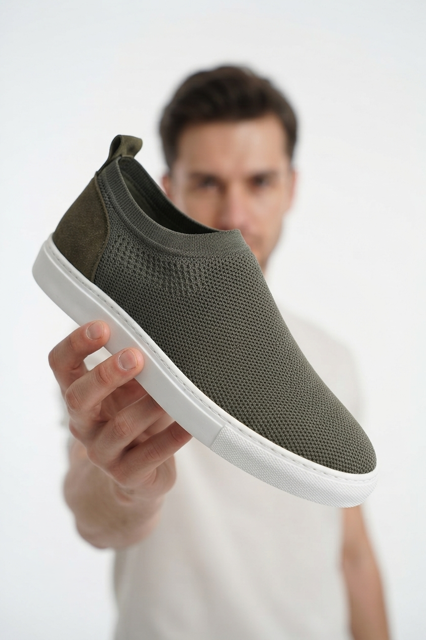 ZRK-X106 Premium Rahat Slip-On Bağcıksız Nefes Alan Triko Erkek Ayakkabı Haki