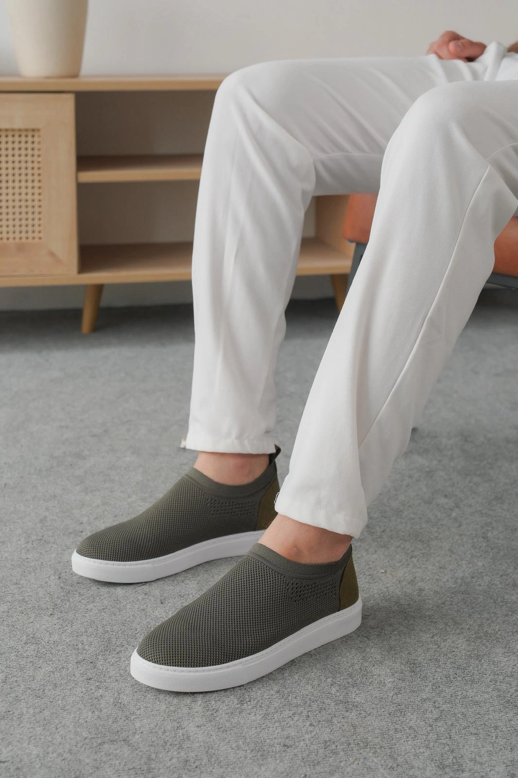 ZRK-106 Premium Rahat Slip-On Bağcıksız Triko Erkek Ayakkabı Haki