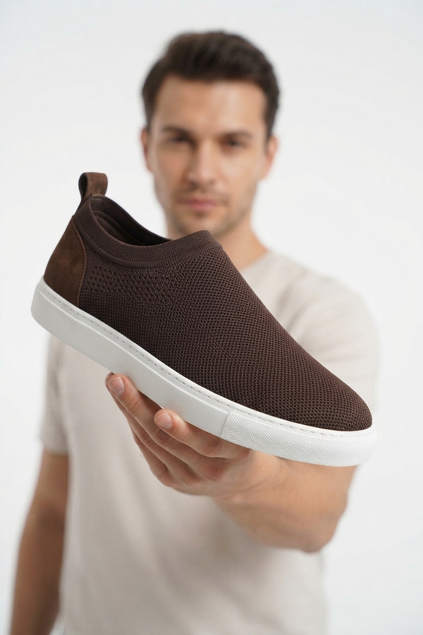 ZRK-X106 Premium Rahat Slip-On Bağcıksız Nefes Alan Triko Erkek Ayakkabı Kahverengi