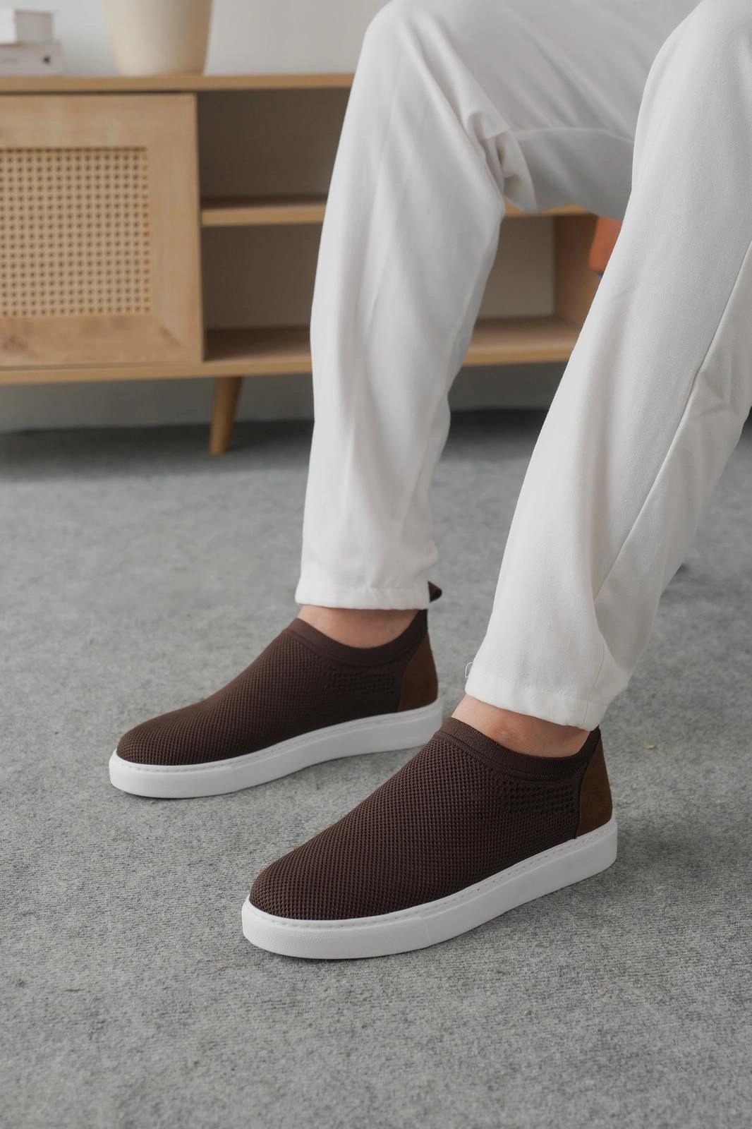 ZRK-106 Premium Rahat Slip-On Bağcıksız Triko Erkek Ayakkabı Kahve