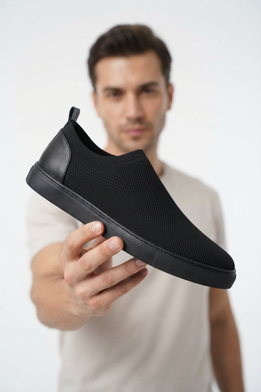 ZRK-X106 Premium Rahat Slip-On Bağcıksız Nefes Alan Triko Erkek Ayakkabı Siyah