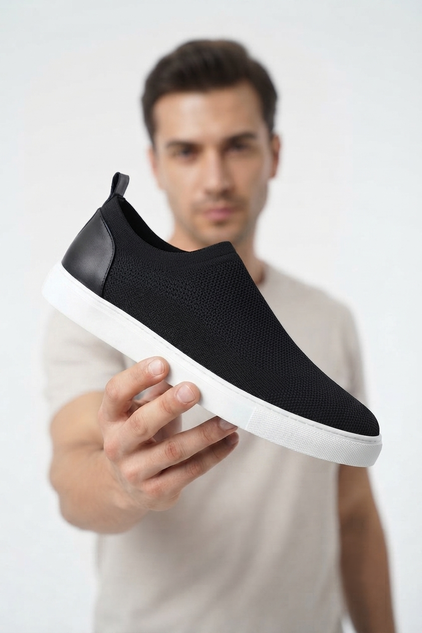ZRK-X106 Premium Rahat Slip-On Bağcıksız Nefes Alan Triko Erkek Ayakkabı Siyah Beyaz