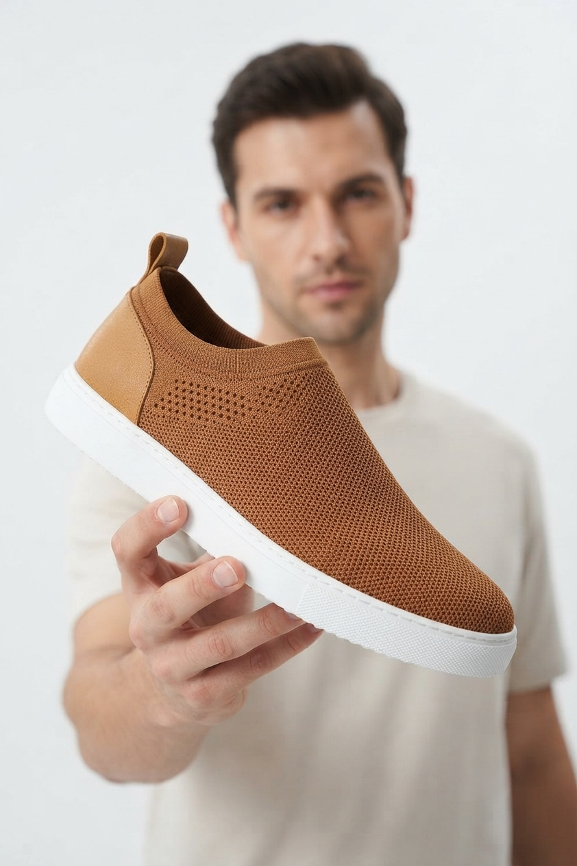 ZRK-X106 Premium Rahat Slip-On Bağcıksız Nefes Alan Triko Erkek Ayakkabı Taba