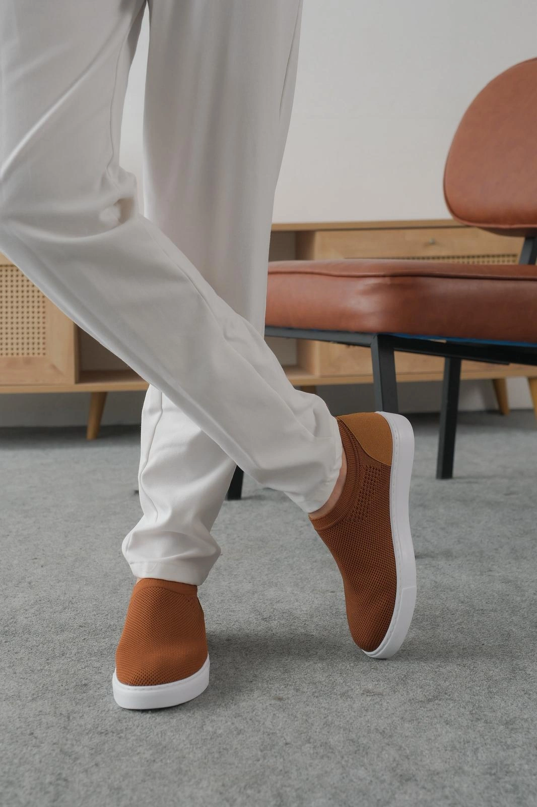 ZRK-106 Premium Rahat Slip-On Bağcıksız Triko Erkek Ayakkabı Taba