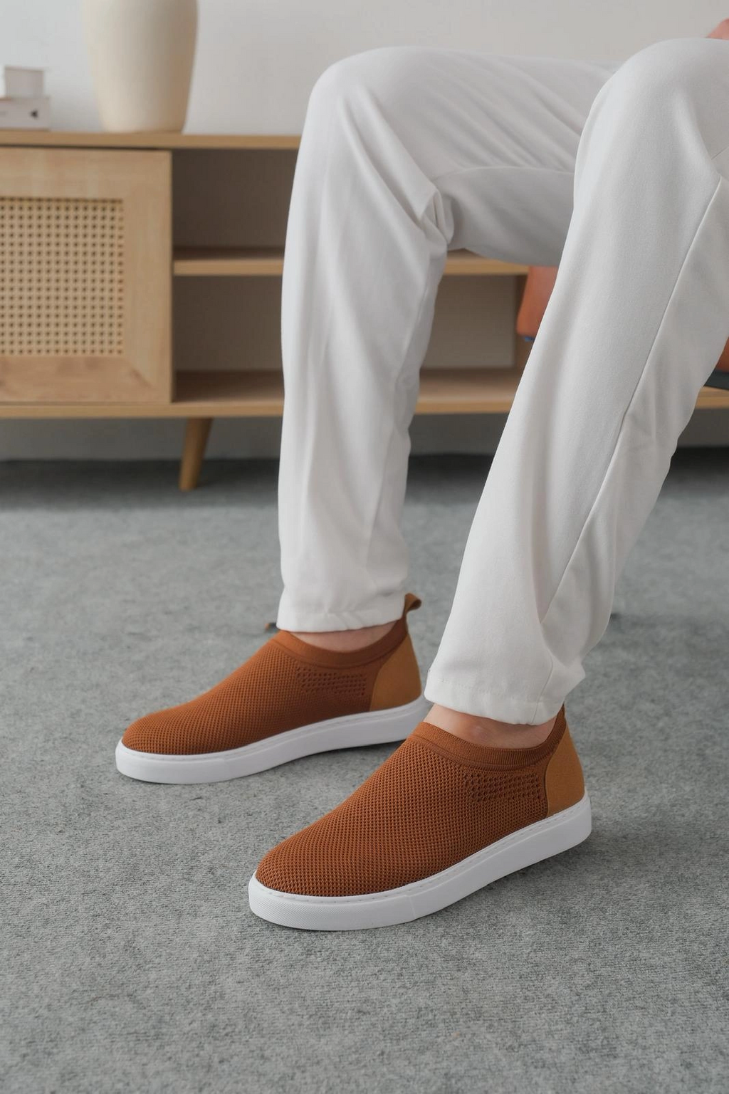 ZRK-106 Premium Rahat Slip-On Bağcıksız Triko Erkek Ayakkabı Taba