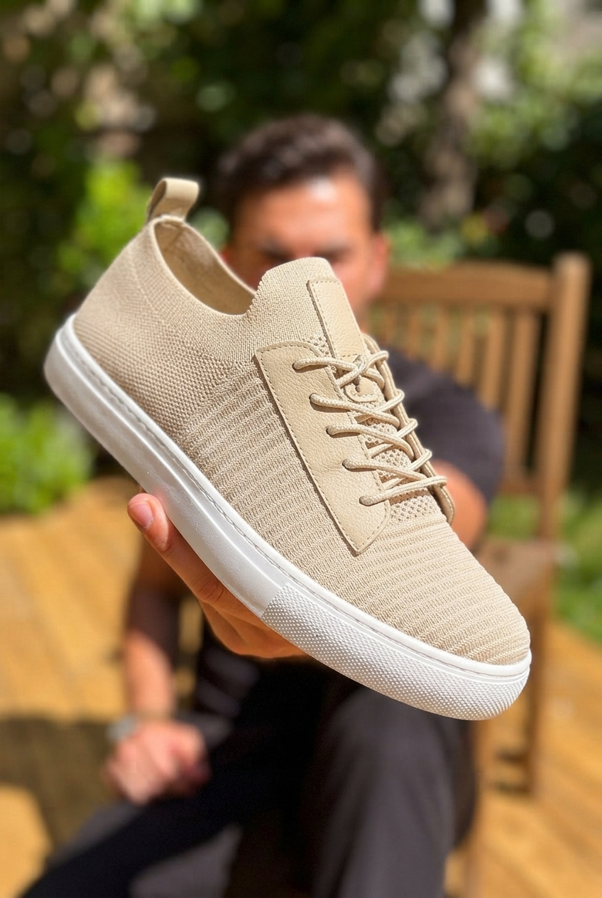 ZRK-X110 Premium Rahat Slip-On Bağcıksız Nefes Alan Triko Erkek Ayakkabı Bej