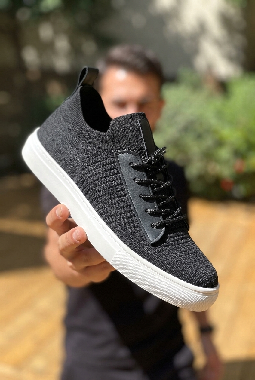 ZRK-X110 Premium Rahat Slip-On Bağcıksız Nefes Alan Triko Erkek Ayakkabı Siyah Beyaz
