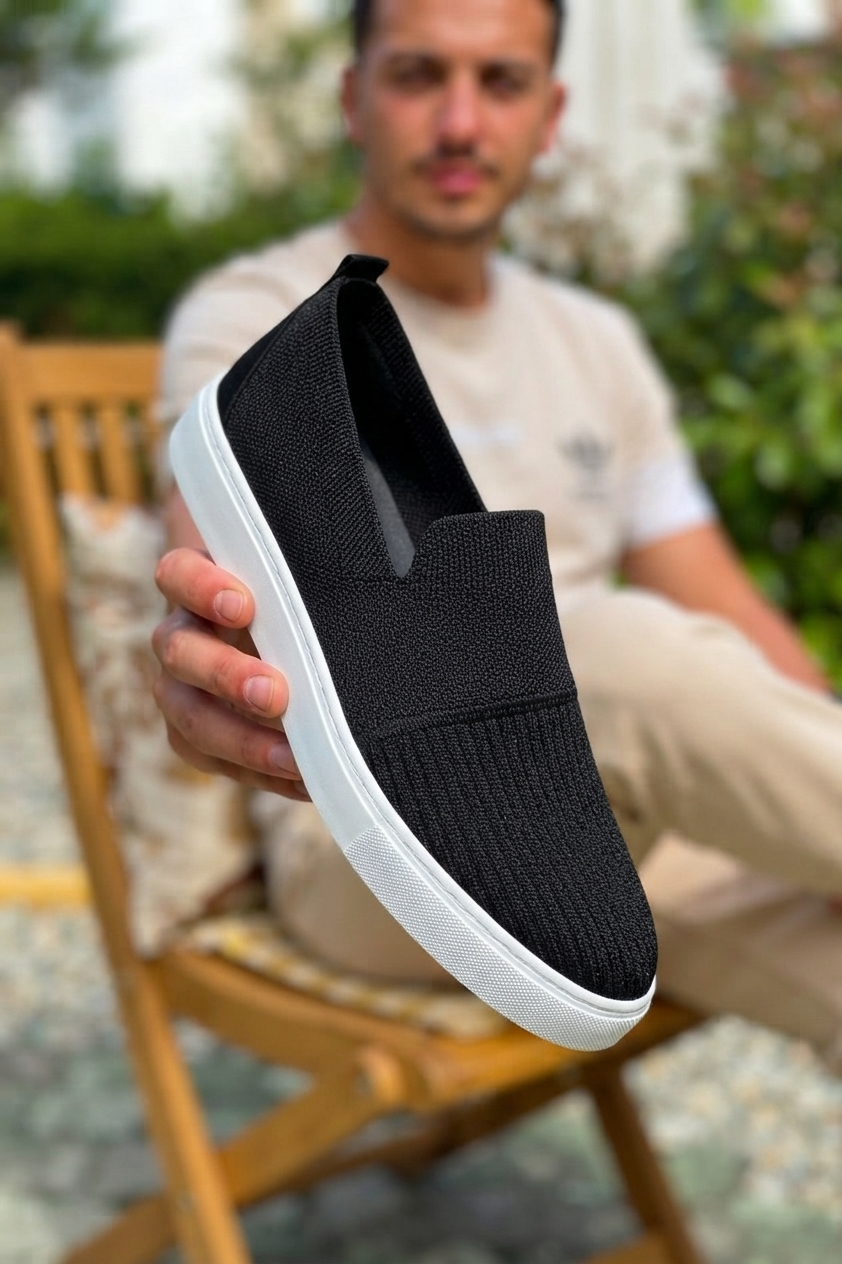 ZRK-114 Premium Siyah Beyaz Triko Nefes Alan Ortopedik Bağcıksız Erkek Espadril