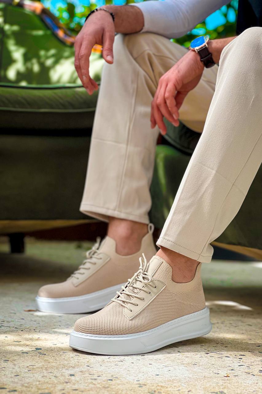 ZRK-X116 Yüksek Kalite Bej Bağcıklı Triko Erkek Sneaker